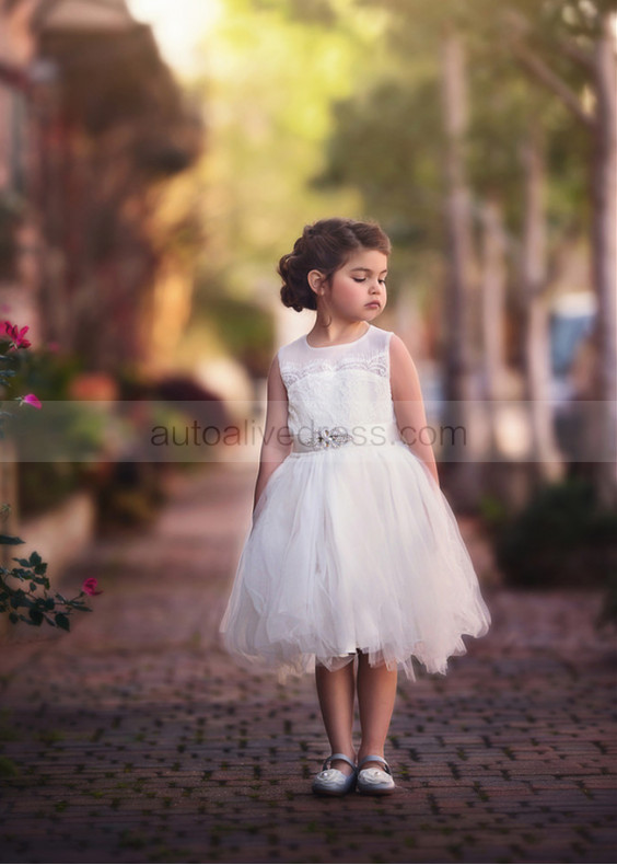 Ivory Lace Tulle Slit Back Flower Girl Dress